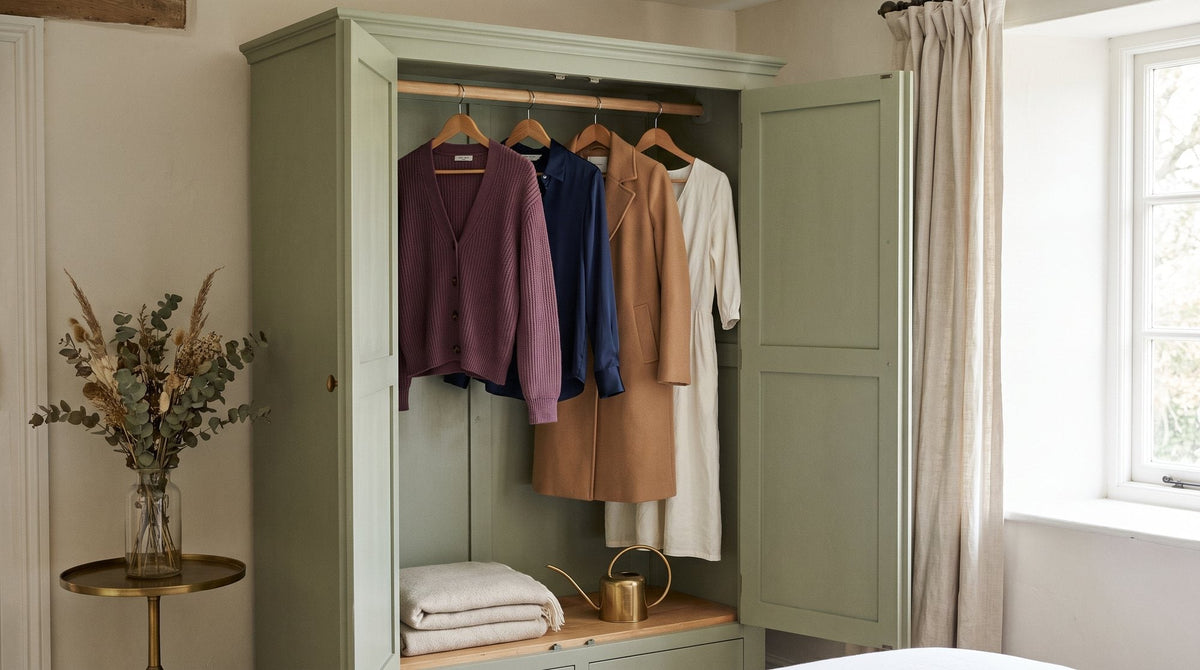 A calm open wardrobe with a small edited row of garments in camel, navy, ivory and plum on matching wooden hangers Image