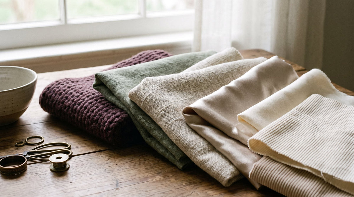Close-up of folded fabric swatches in oat, sage, plum and ivory: knit, linen-look weave, satin-look sheen, corduroy