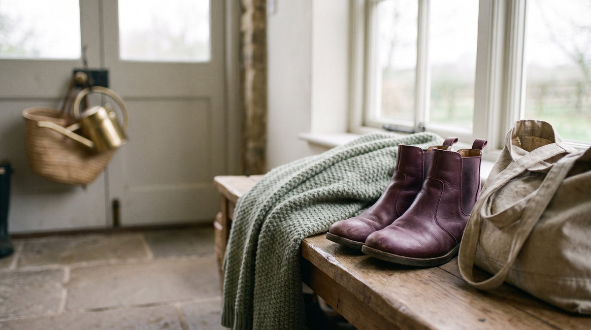 A pair of low block-heel ankle boots on a wooden bench in a bright boot room, soft daylight