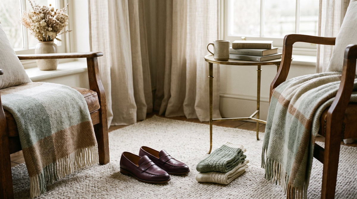 A pair of new loafers on a soft rug beside thick socks folded neatly, cosy living room Image