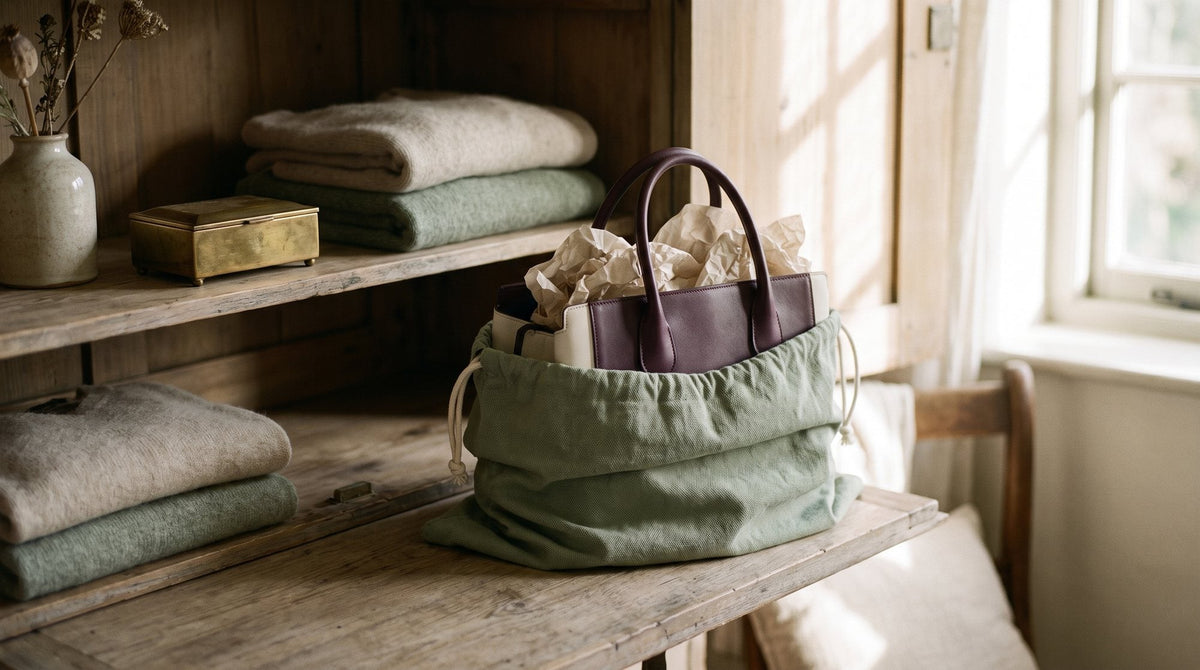 A structured handbag stuffed with tissue paper inside a cotton dust bag on a wardrobe shelf Image