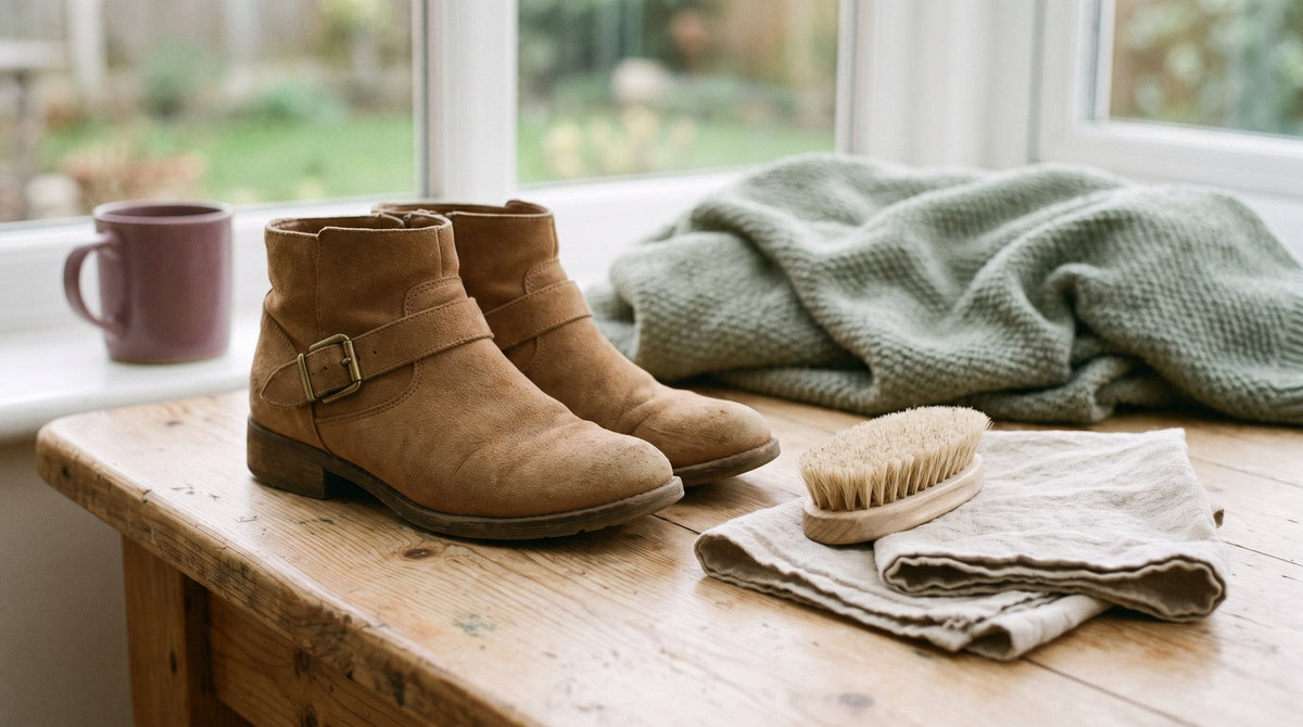A pair of tan suede-look ankle boots beside a soft brush and a clean cloth on a scrubbed pine table