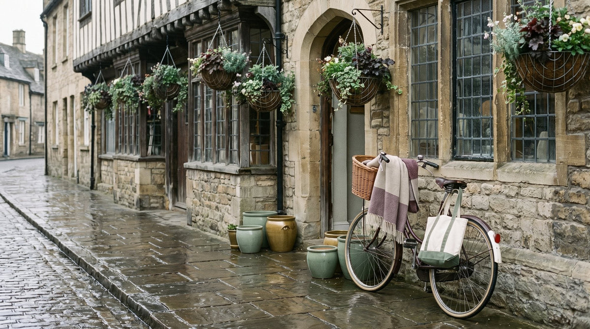 A cobbled market-town street at morning with wet stones and hanging baskets