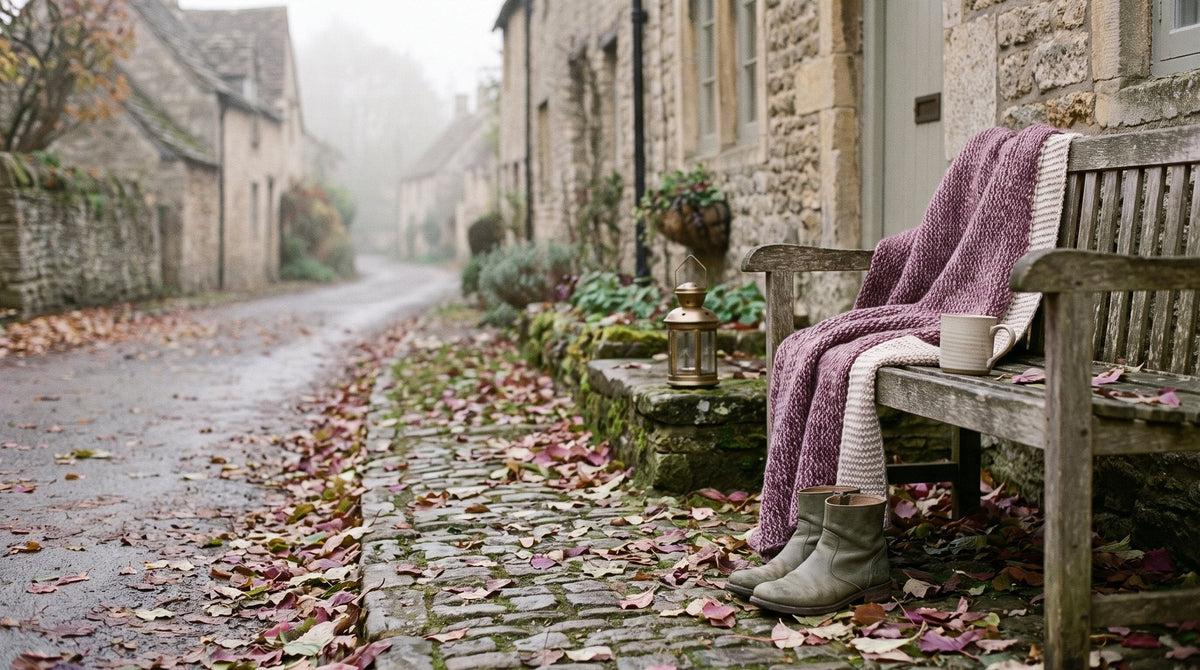 A misty English village lane in late autumn with fallen leaves and stone cottages Image