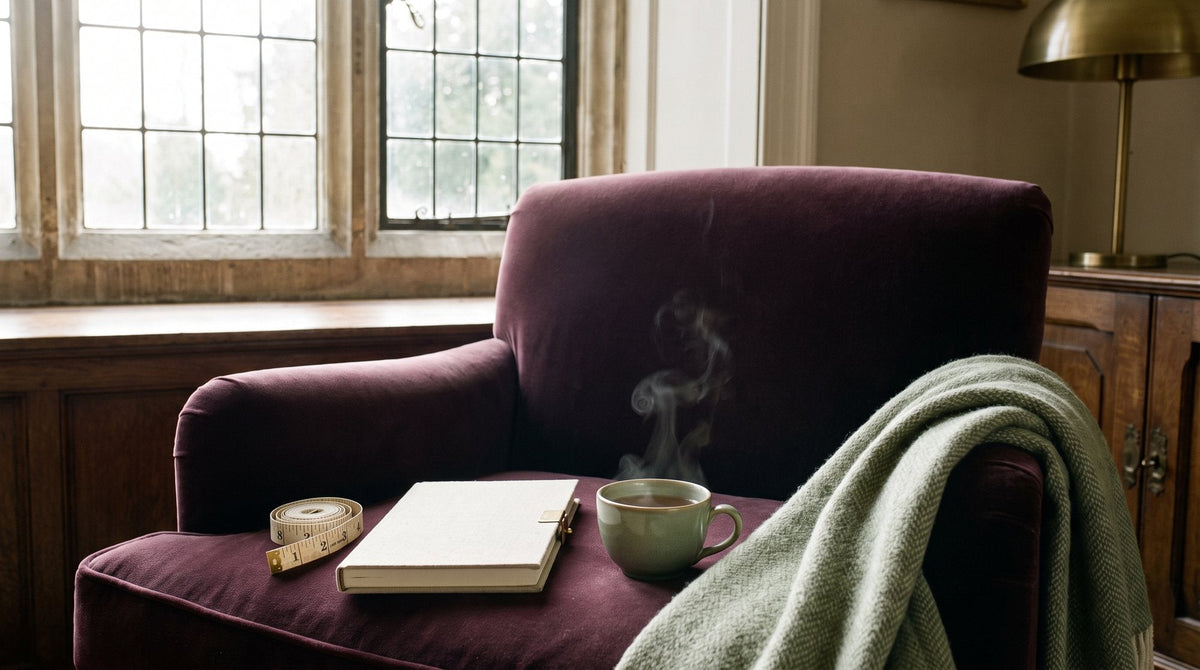 A soft cream tape measure, a notebook with no writing and a cup of tea on a plum velvet armchair