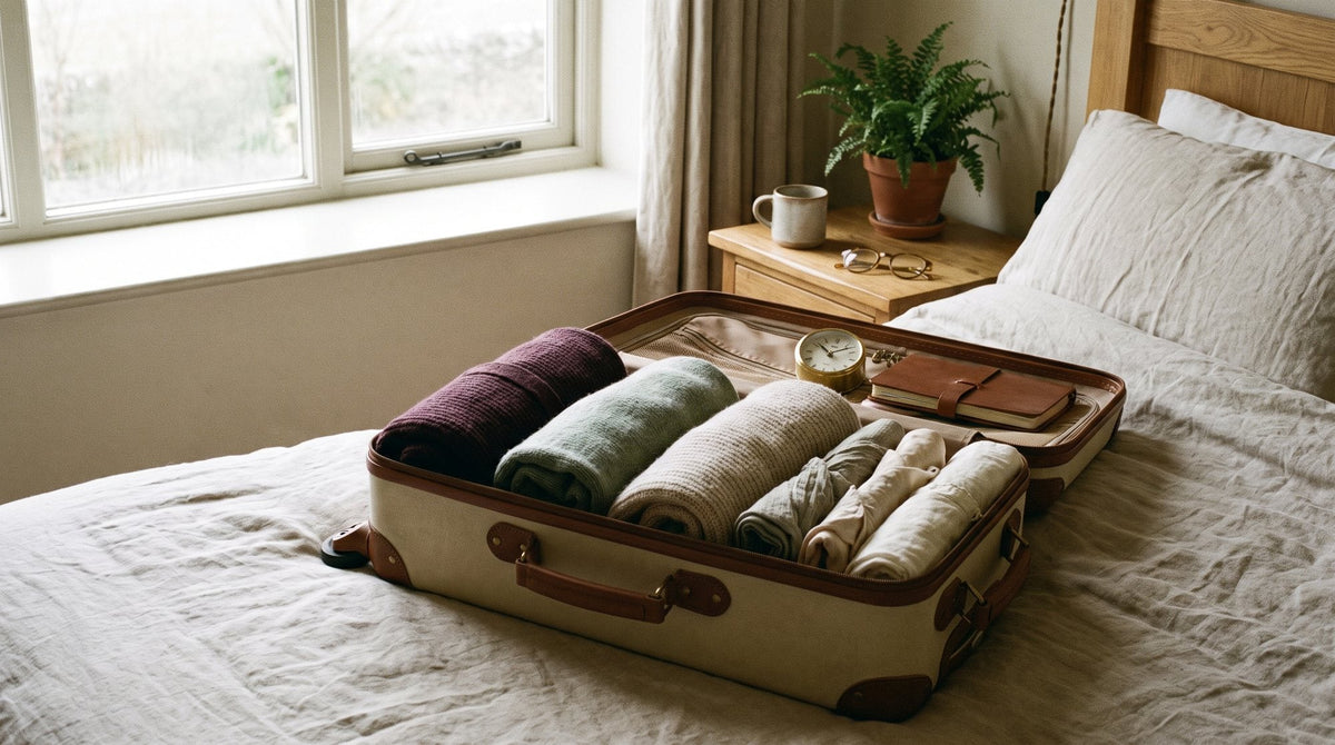 An open carry-on suitcase neatly packed with rolled clothes on a hotel bed, soft light Image
