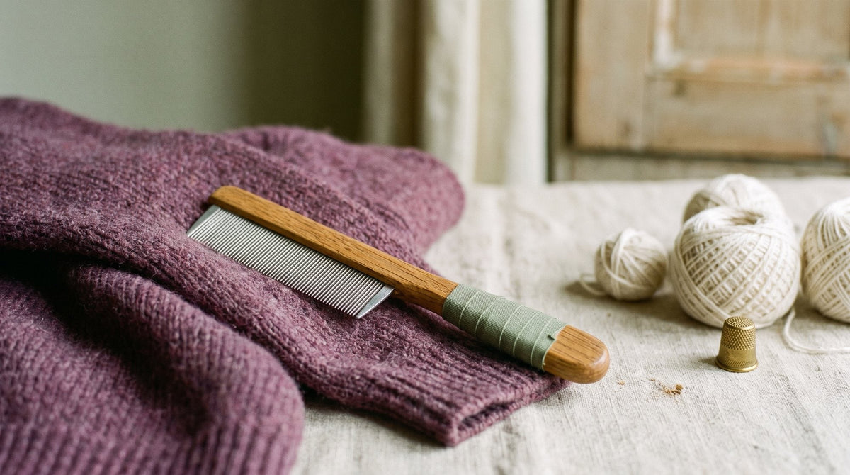 A close-up of a soft knit sleeve with a wooden-handled fabric comb resting on it Image