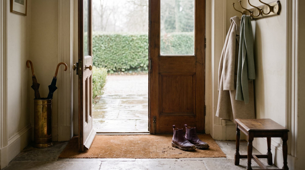 A pair of dark ankle boots on a doormat in a Georgian hallway after rain, wet pavement visible through the open door Image