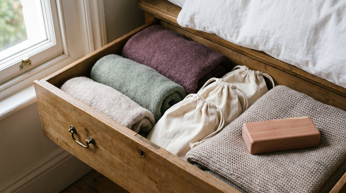 Cotton storage bags and a cedar-wood block beside folded knitwear in an under-bed drawer Image