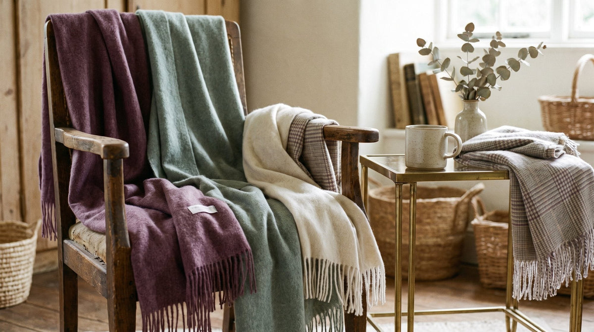 Several soft scarves in plum, sage and check patterns draped over a wooden chair