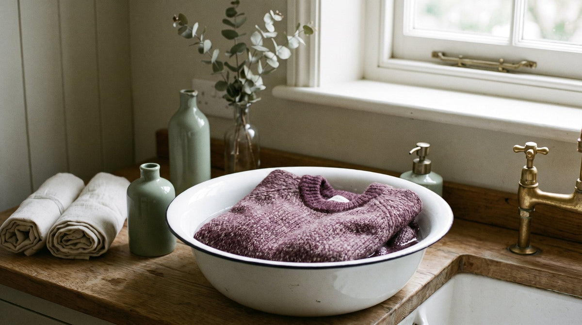 A soft knit jumper soaking in a white enamel basin of water in a light utility room Image
