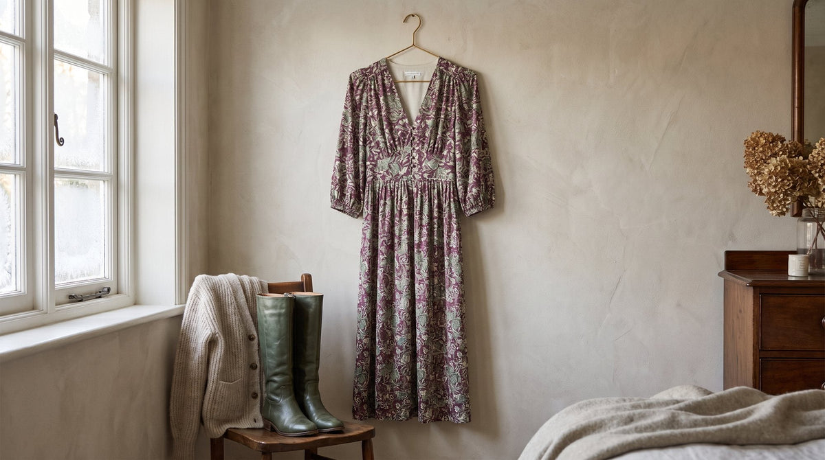 A floral midi dress on a hanger with a chunky cardigan and knee boots beside it in a frosty-light bedroom