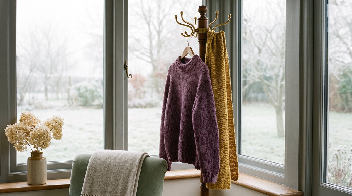 A bright plum knit and a mustard scarf on a coat stand against a grey winter window Image