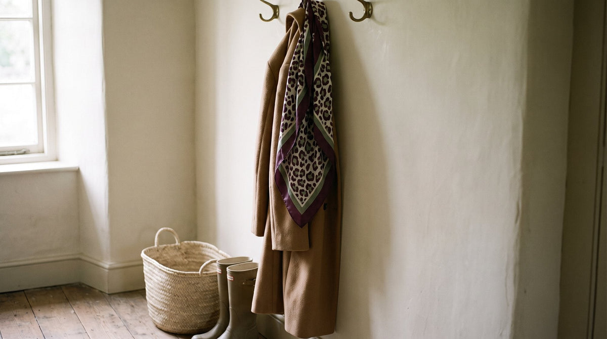A leopard-print scarf draped over a camel coat on a hook in a neutral hallway Image
