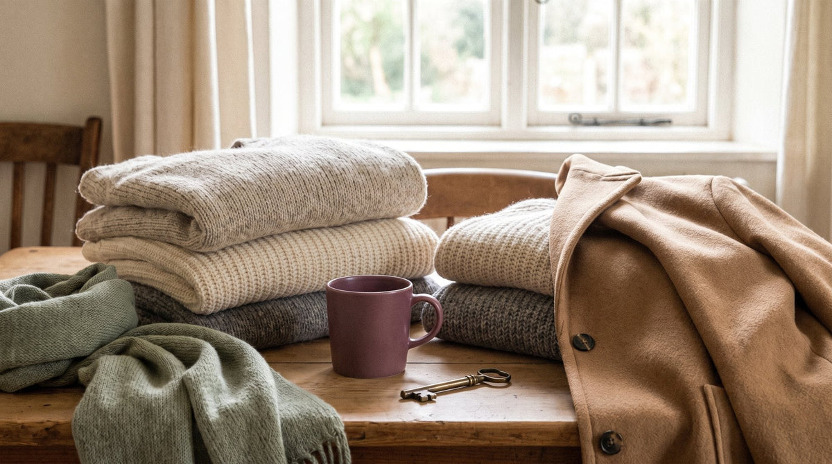 A tonal flat lay of camel, oatmeal, cream and grey knitwear and a coat, rich textures Image