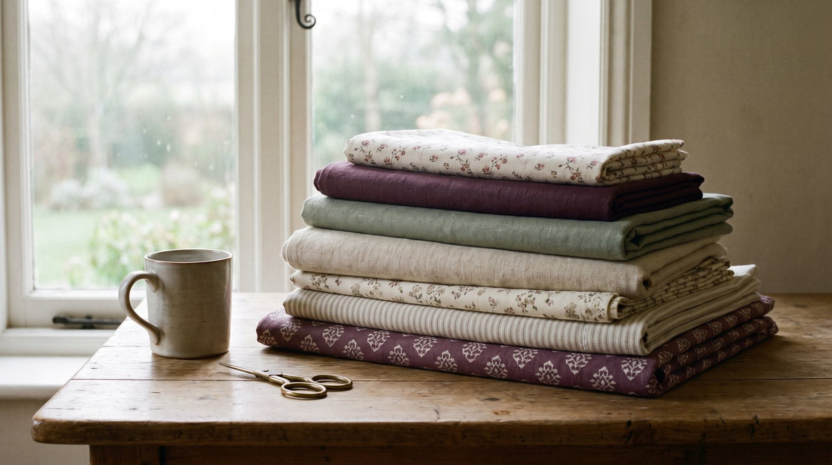 Printed fabrics in florals, stripes and geometric patterns folded in a neat stack, plum and sage tones Image