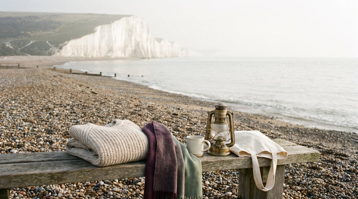 An empty pebble beach with white chalk cliffs and a winter sea under pale sunshine
