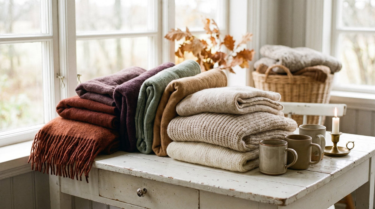 An arrangement of folded scarves and knits in a gradient of autumn colours, rust, plum, sage, camel, on a white table