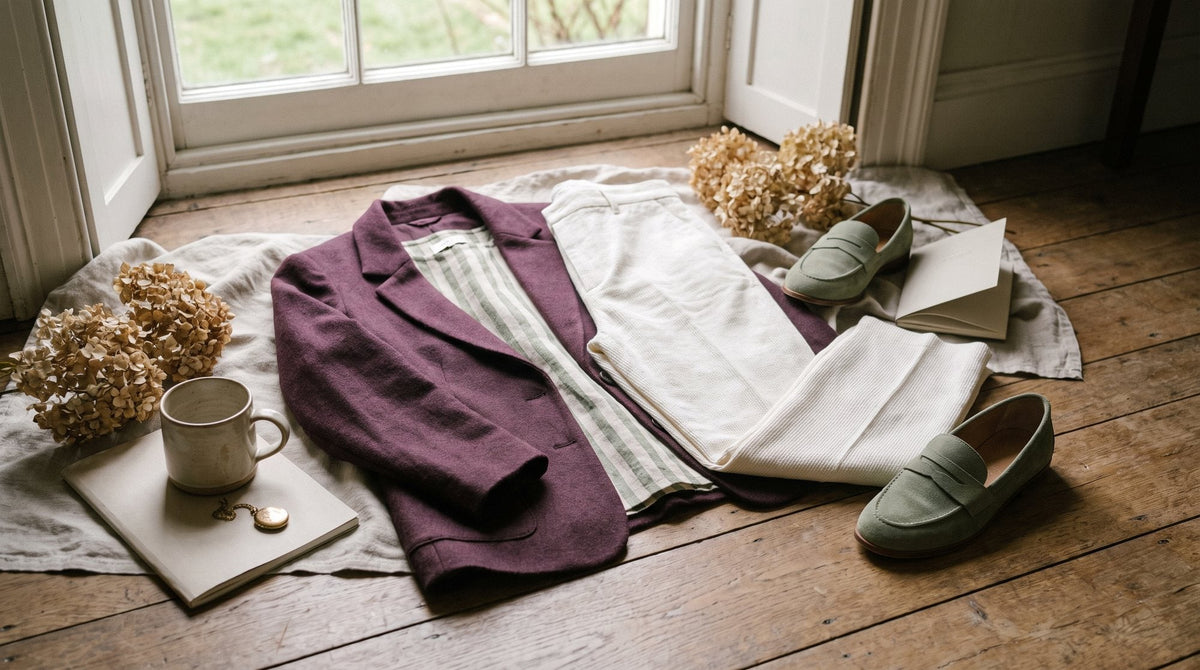 A flat lay of a blazer, a striped top, straight trousers and loafers on an oak floor Image