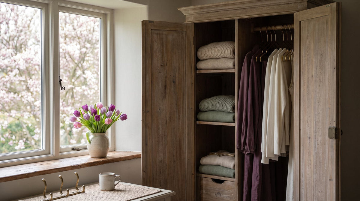 A bright bedroom with spring blossom outside, an open wardrobe and a vase of tulips Image