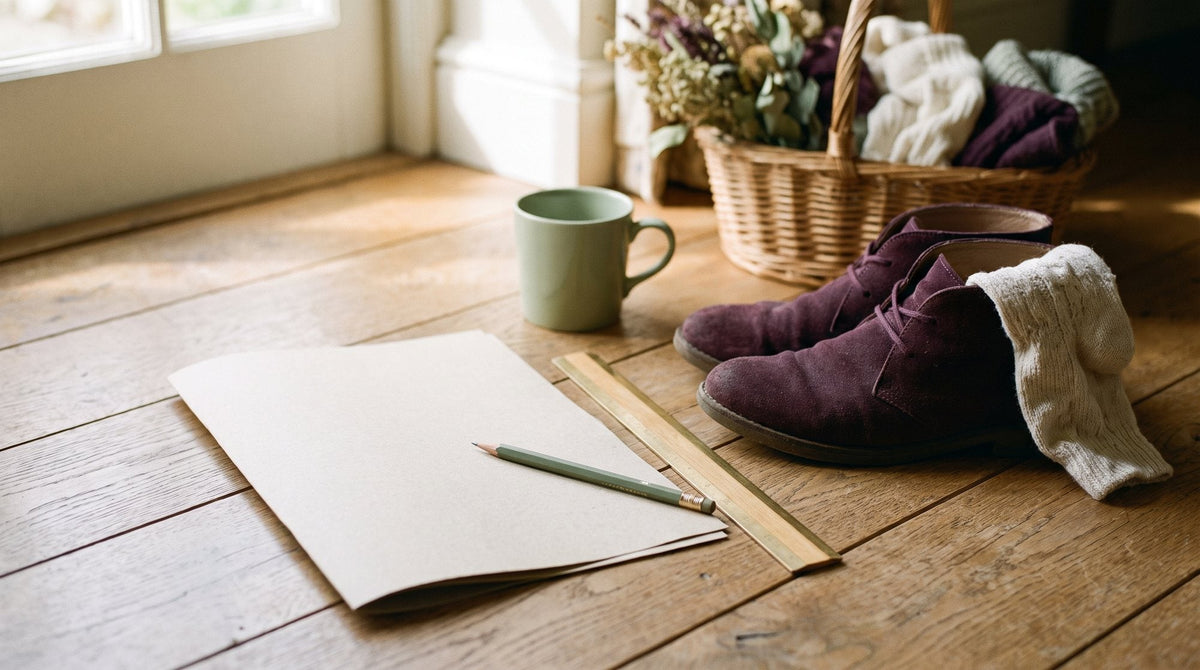 A sheet of plain paper, a pencil and a ruler on a wooden floorboard next to a pair of empty suede-look ankle boots, morning light