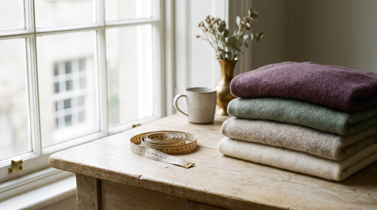 A neatly folded stack of knitwear and a soft tailor's measuring tape on a pale oak table by a Georgian sash window Image