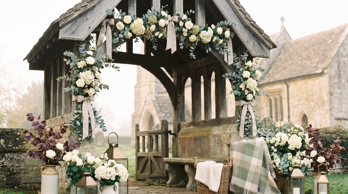 A country church lychgate dressed with white flowers on a bright autumn morning Image