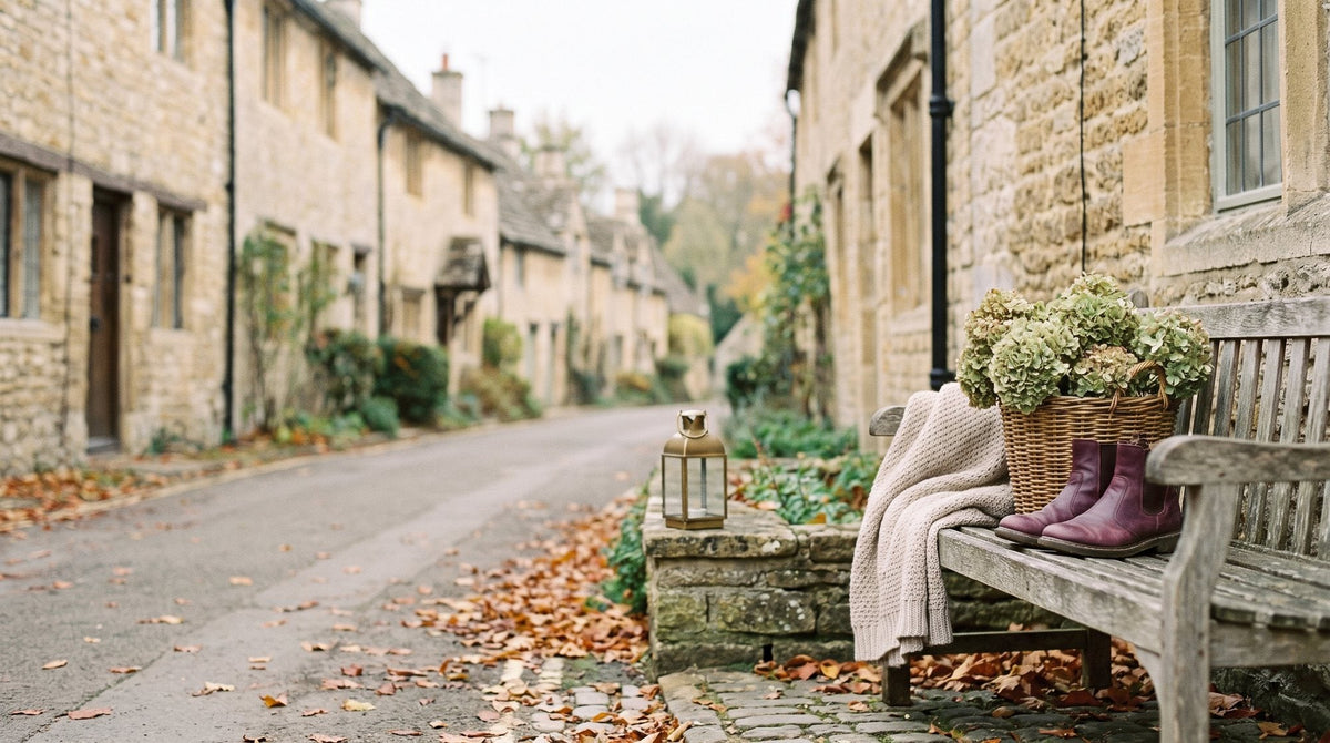 Honey-coloured stone cottages along a quiet Cotswold lane in autumn