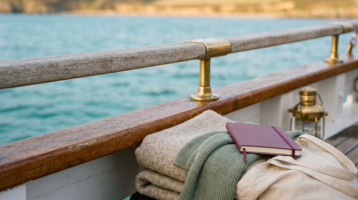 A ship deck rail overlooking a calm turquoise sea at sunset Image