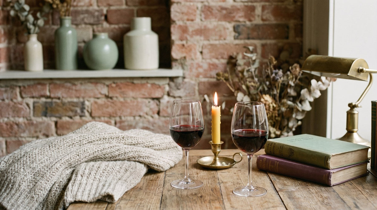 A cosy wine bar corner with two glasses, a candle and exposed brick, warm evening light