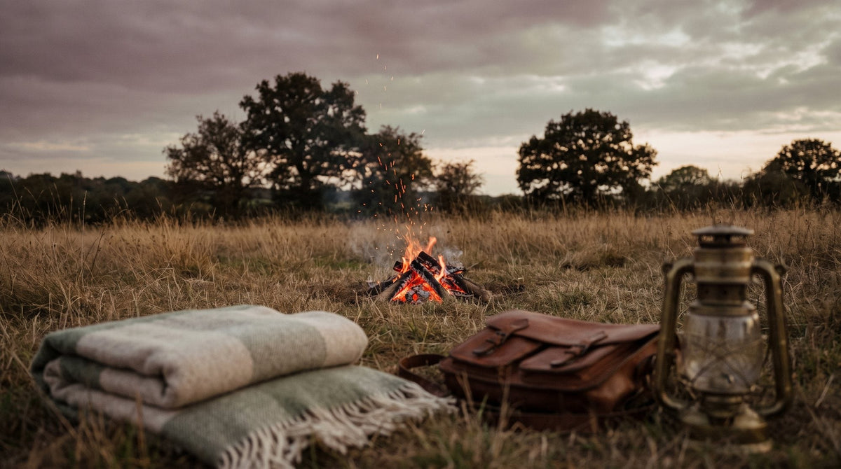 A bonfire glowing in a dark field with sparks rising Image