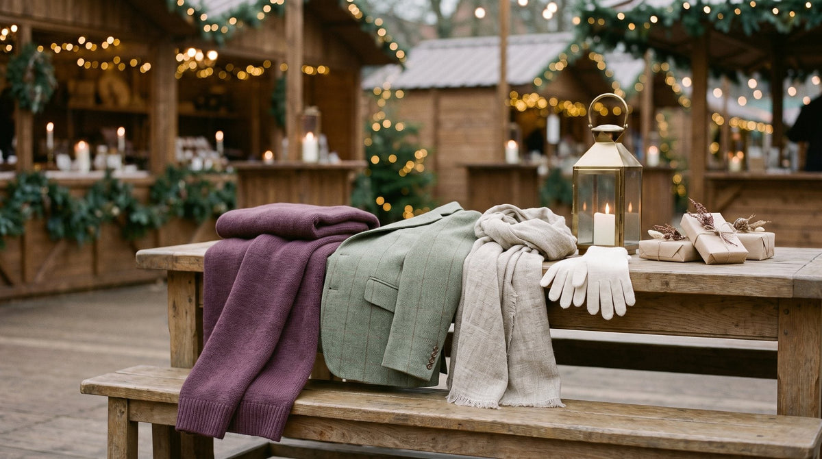 Wooden Christmas market chalets with warm fairy lights at dusk, blurred Image