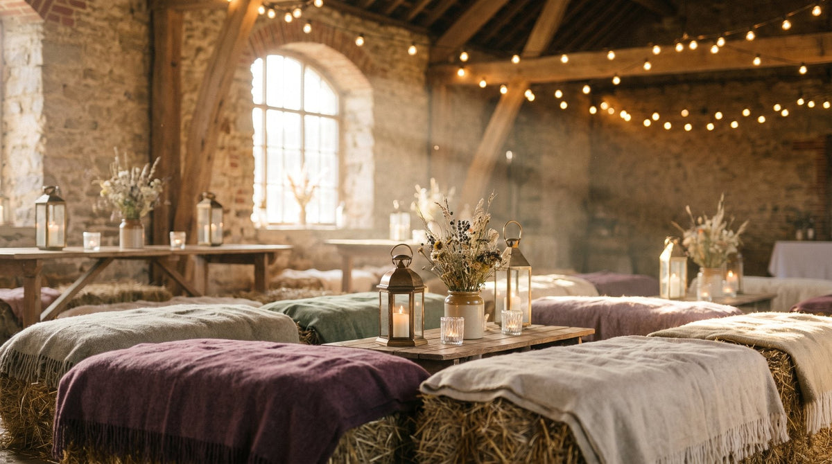 A rustic barn wedding venue with festoon lights and hay bales at golden hour Image