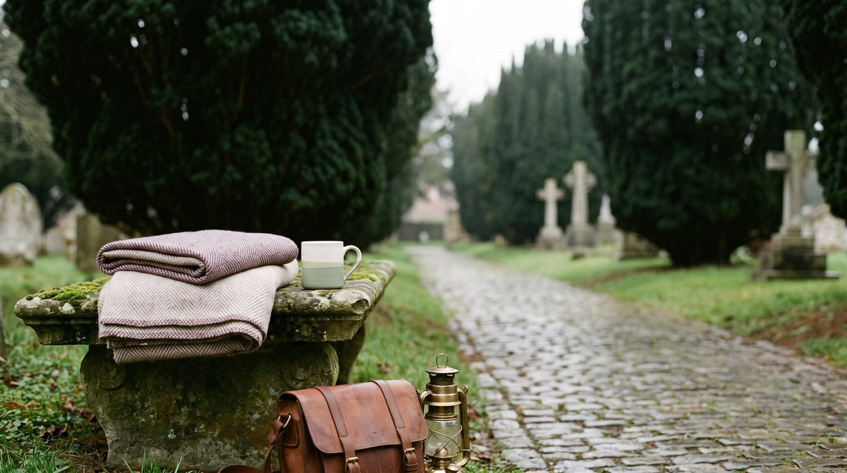 A quiet churchyard path lined with yew trees on a grey morning