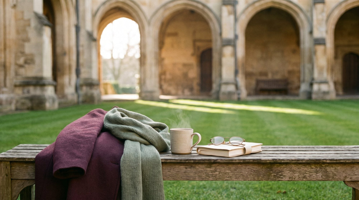 A historic university quad with stone arches and a sunny lawn Image