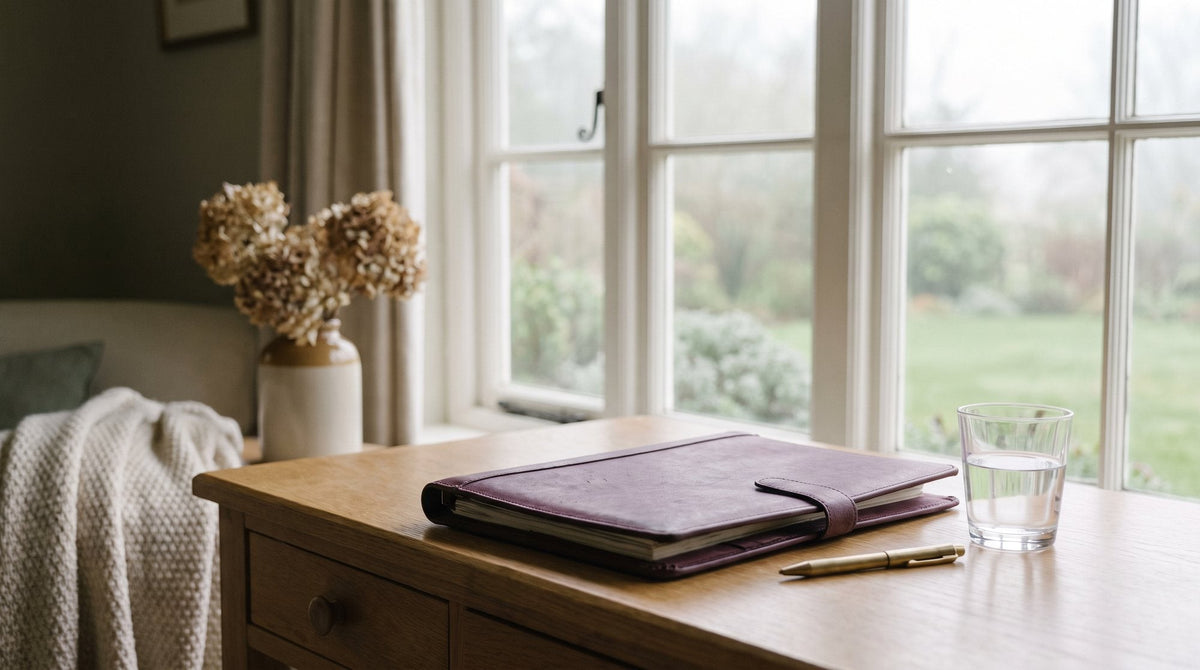 A tidy desk by a window with a closed leather-look folder, a glass of water and a pen