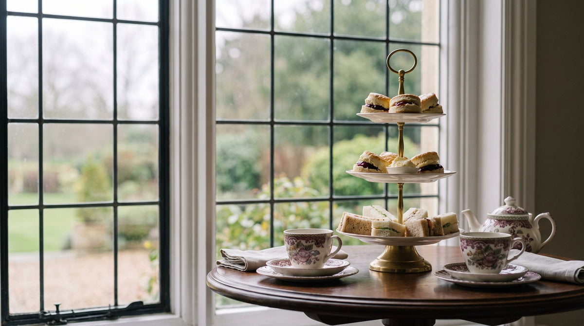 A three-tier cake stand with scones and finger sandwiches on a table by a tall window, china teacups Image