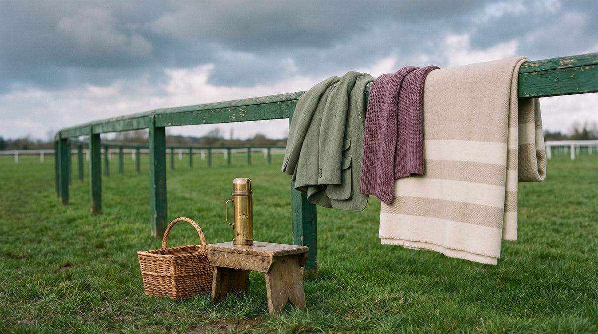A green racecourse rail and turf under a dramatic sky with white running rails Image