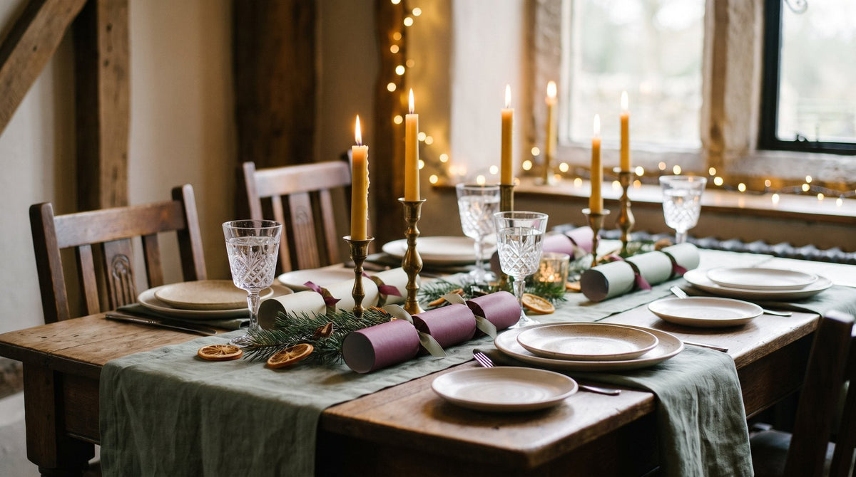 A festive restaurant table with candles, crackers without writing and sparkling glasses, warm bokeh Image