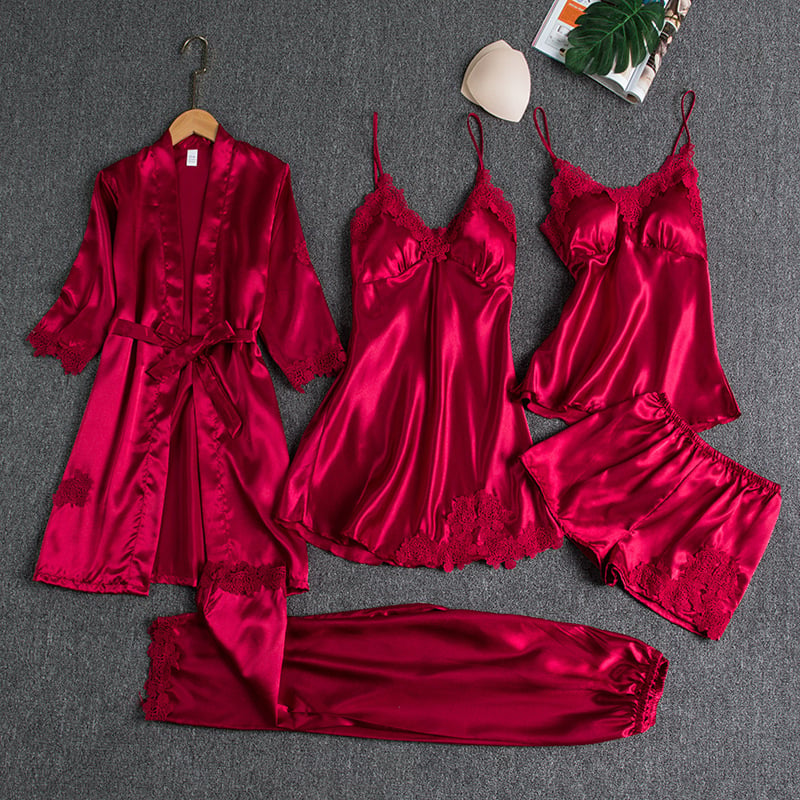 Women's Satin Lace Nightwear Set 5-Piece for Sleepwear