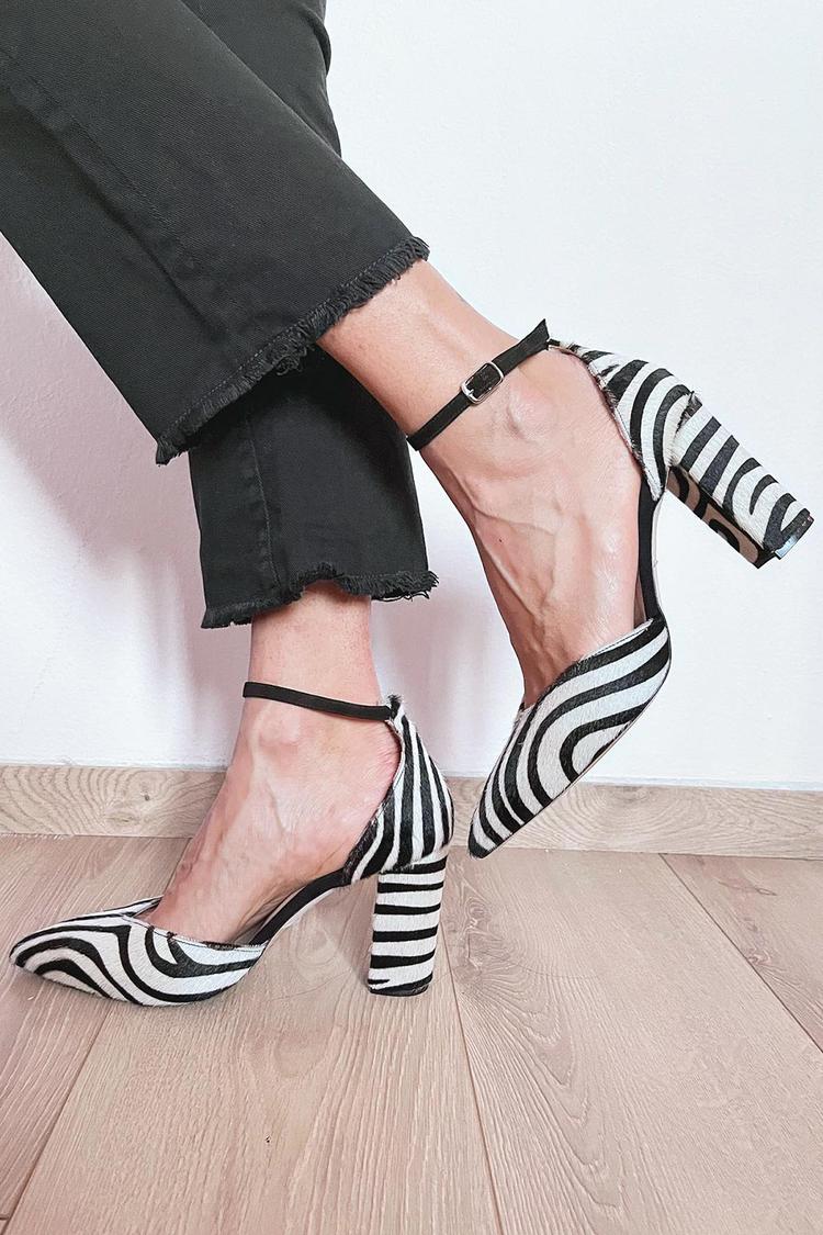Women's Zebra Print Heels with Ankle Strap and Block Heel