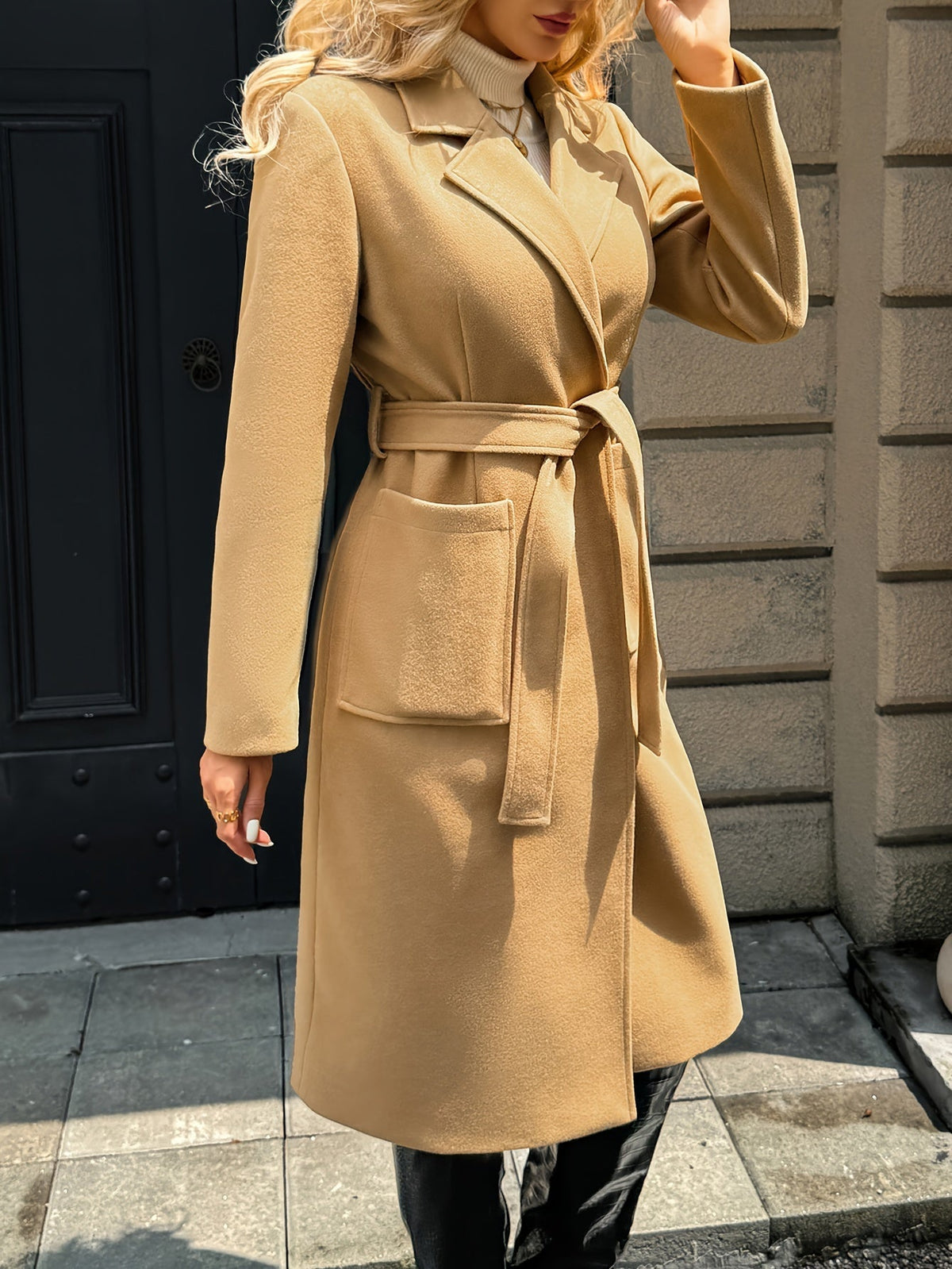 Women's Belted Long Coat Notch Lapel Front Pockets Image