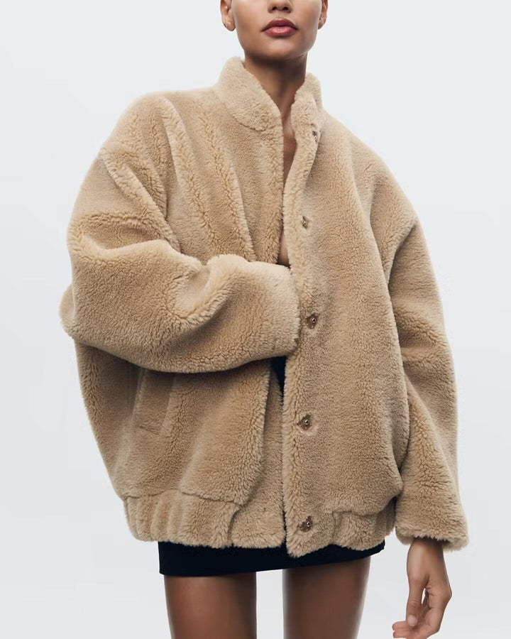 Women's Oversized Teddy Jacket with Button Closure Image