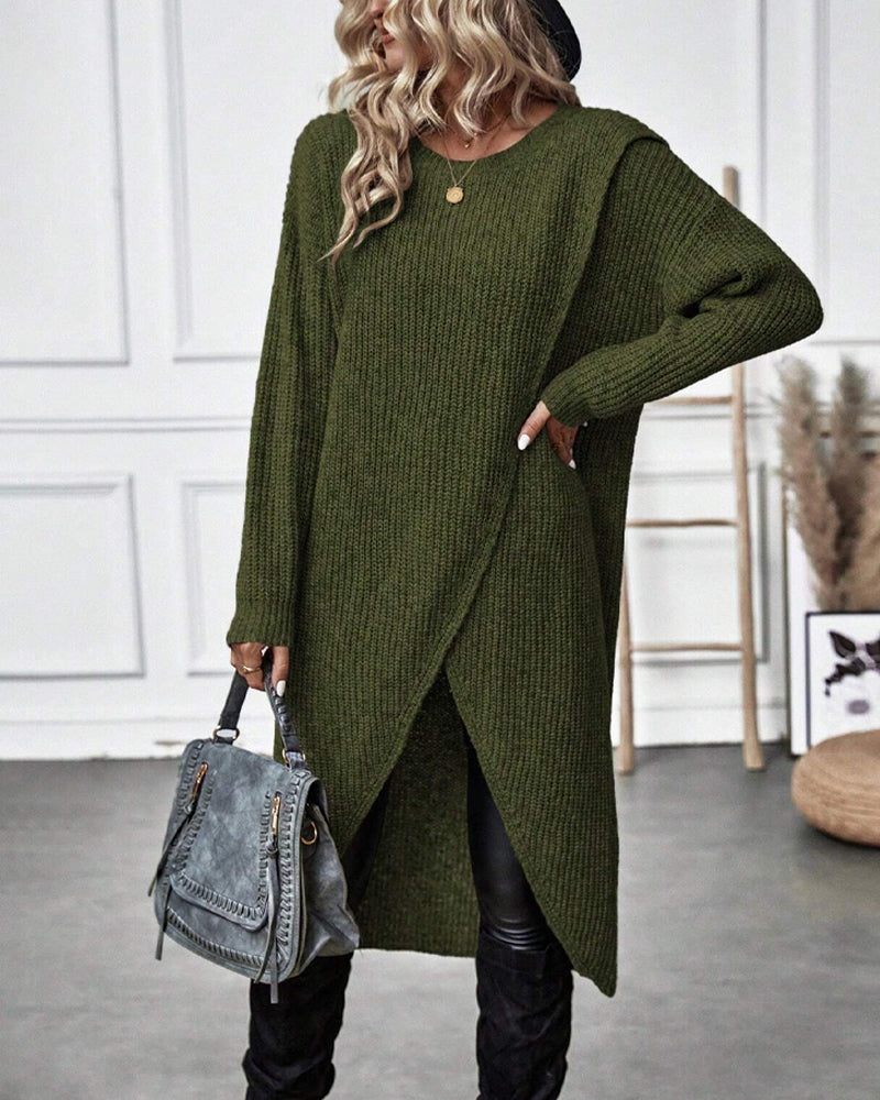Women's Ribbed Sweater Dress with Side Slit Long Sleeve