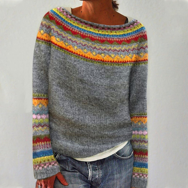 Patterned Knit Crew Neck Jumper, Relaxed Fit - Grey Orange