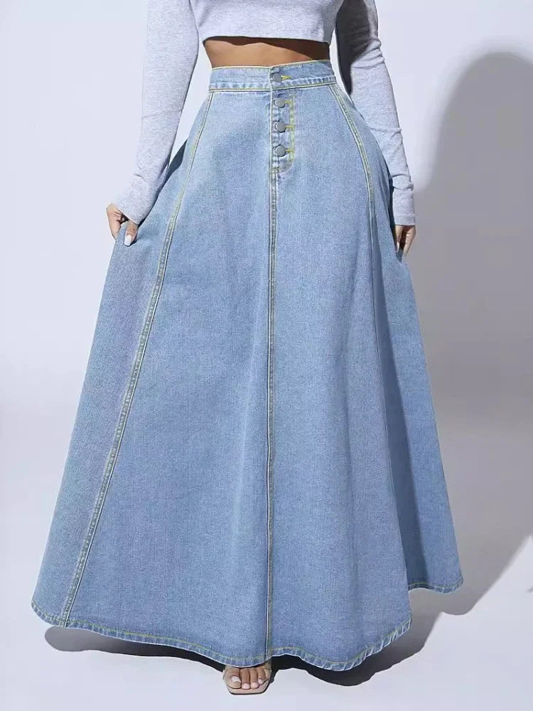 Women's High-Waist A-Line Maxi Skirt with Button Front Image