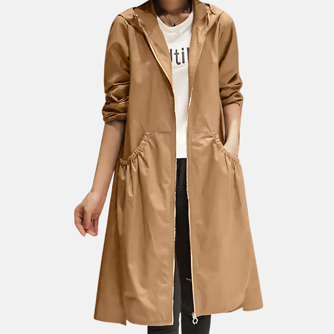 Women's Hooded Waterproof Knee-Length Coat with Zip