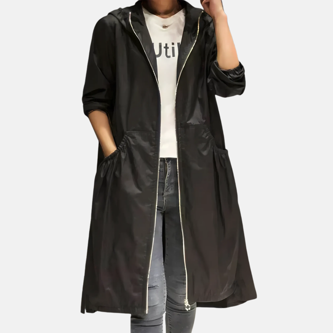 Women's Hooded Waterproof Knee-Length Coat with Zip