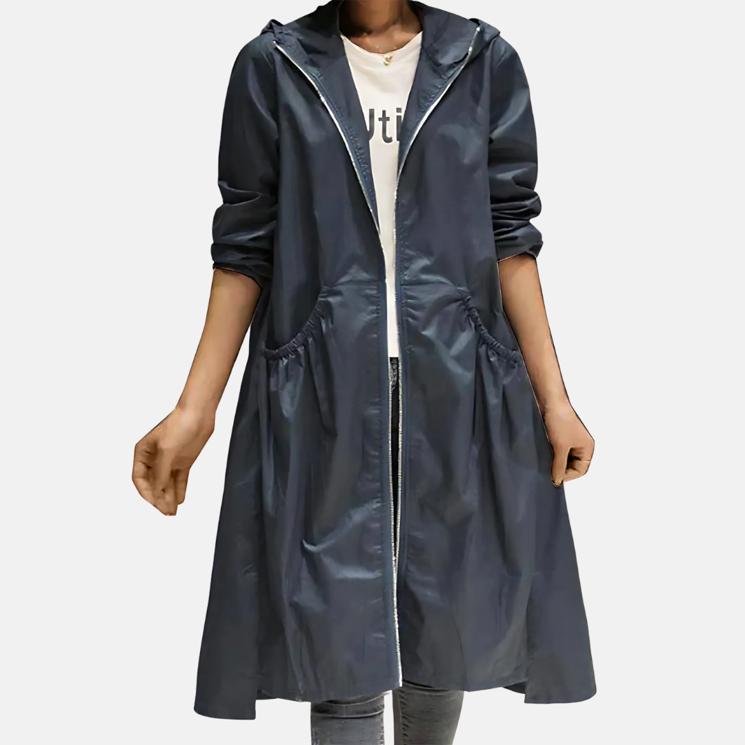 Women's Hooded Waterproof Knee-Length Coat with Zip