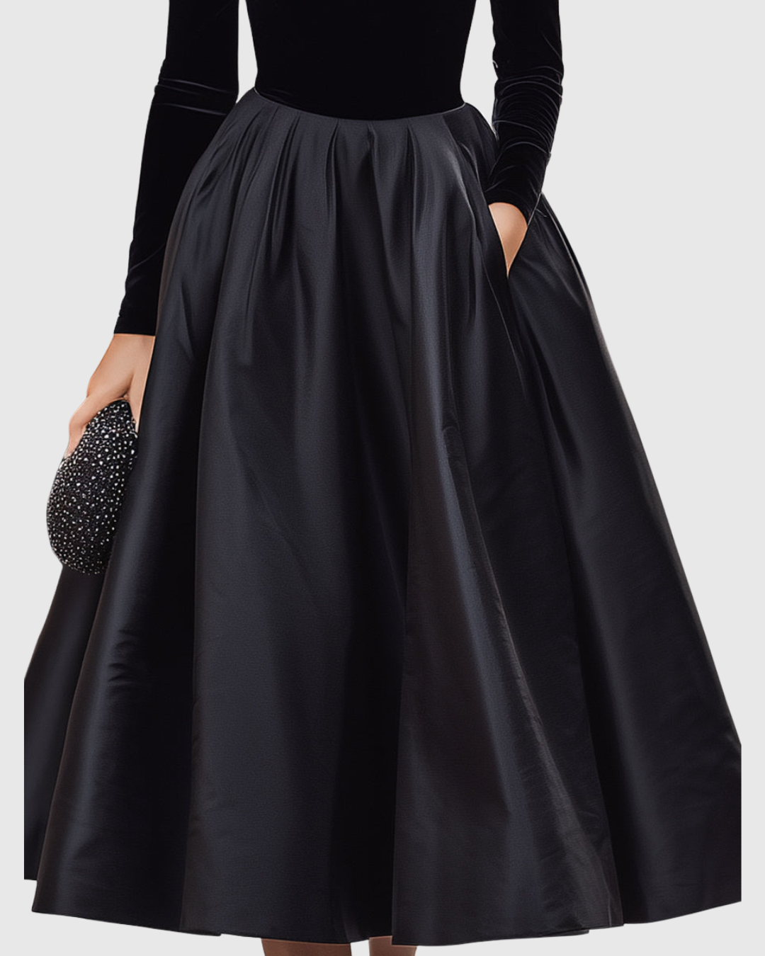 Aradia | Elegant Black Velvet And Satin Midi Dress Image